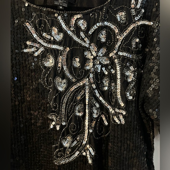 VTG Elegant Black Silver Sequin Top 100% Pure Silk Fancy Party Sparkle Granny - Picture 2 of 11
